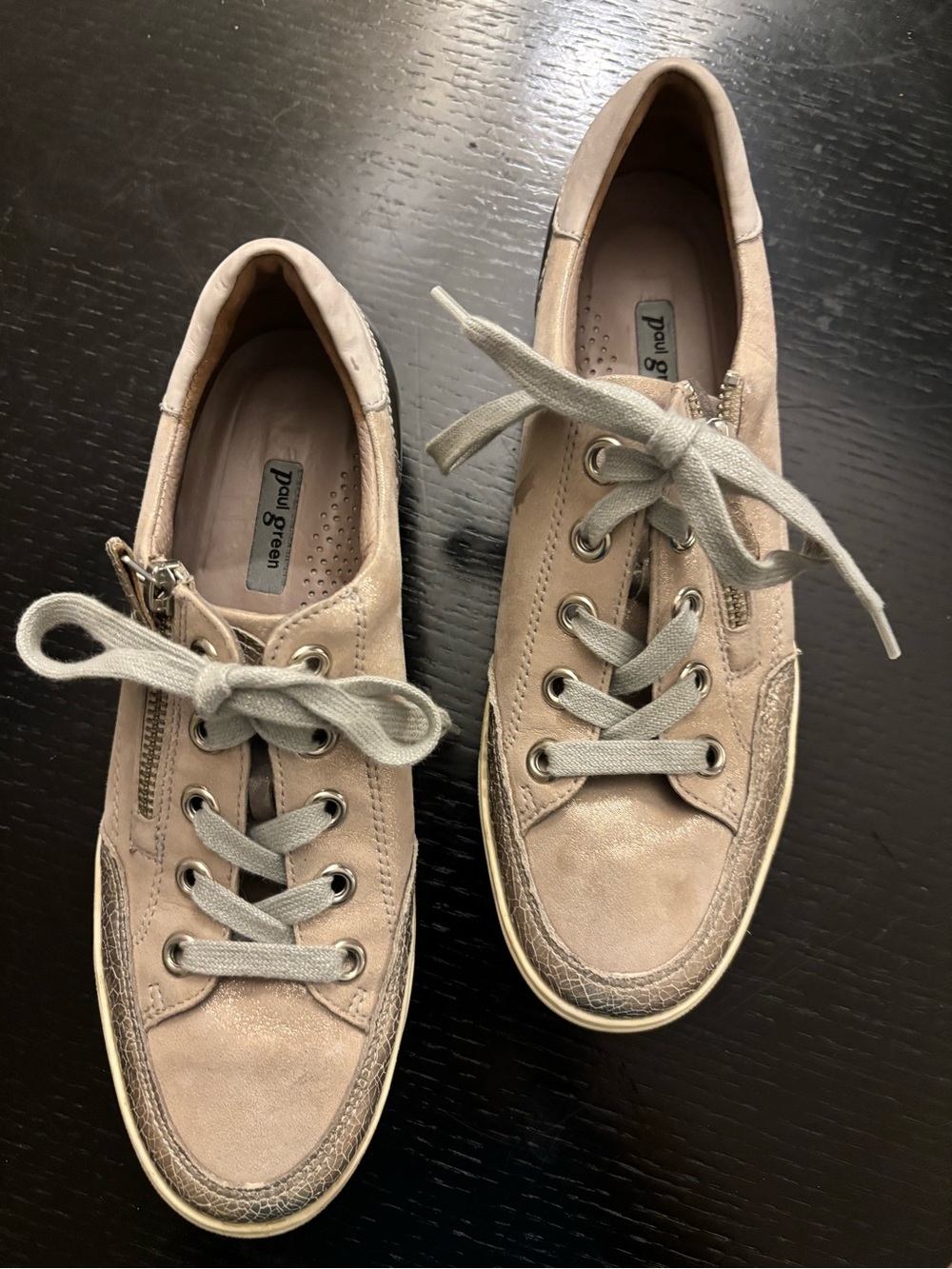 Paul Green Lacey side zip metallic leather sneakers tan / gold / pewter Sz 8